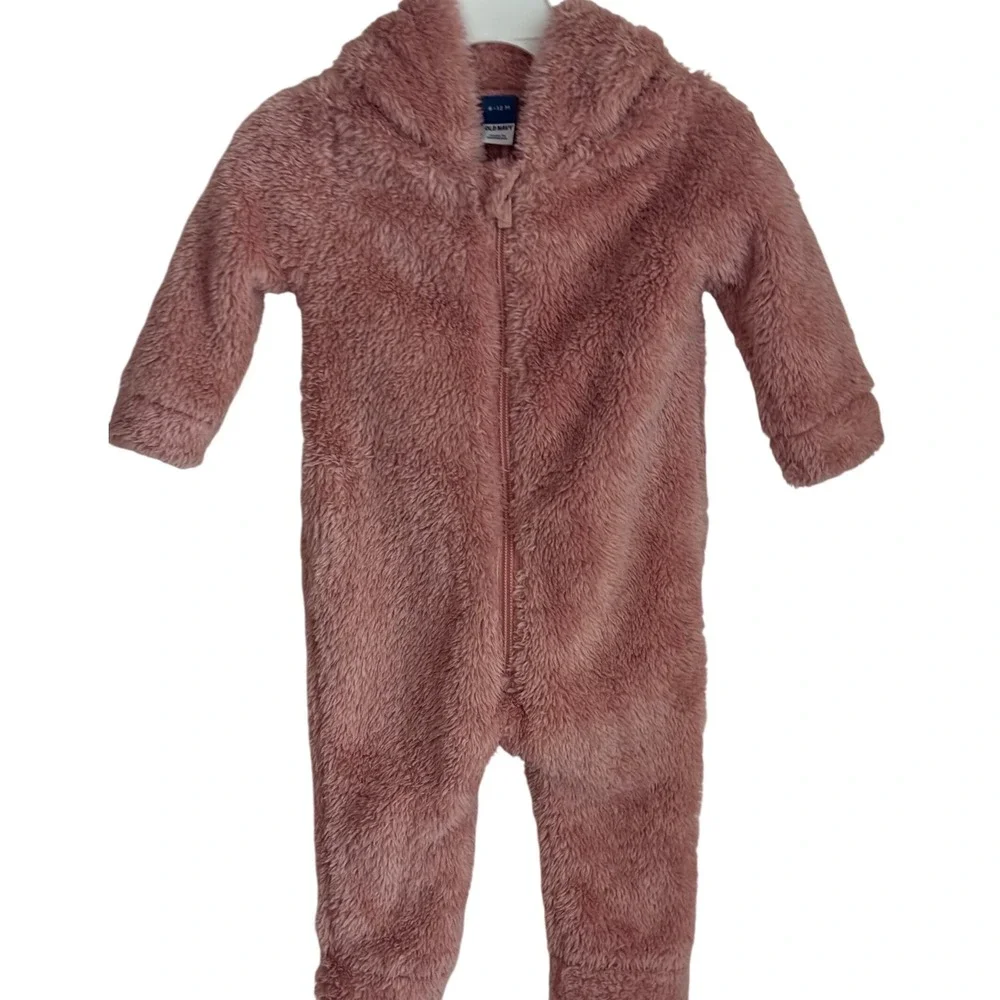 Old Navy Baby Girl Plush Faux Fur Hooded Jumpsuit Pink 6-12 Month Beautiful! EUC